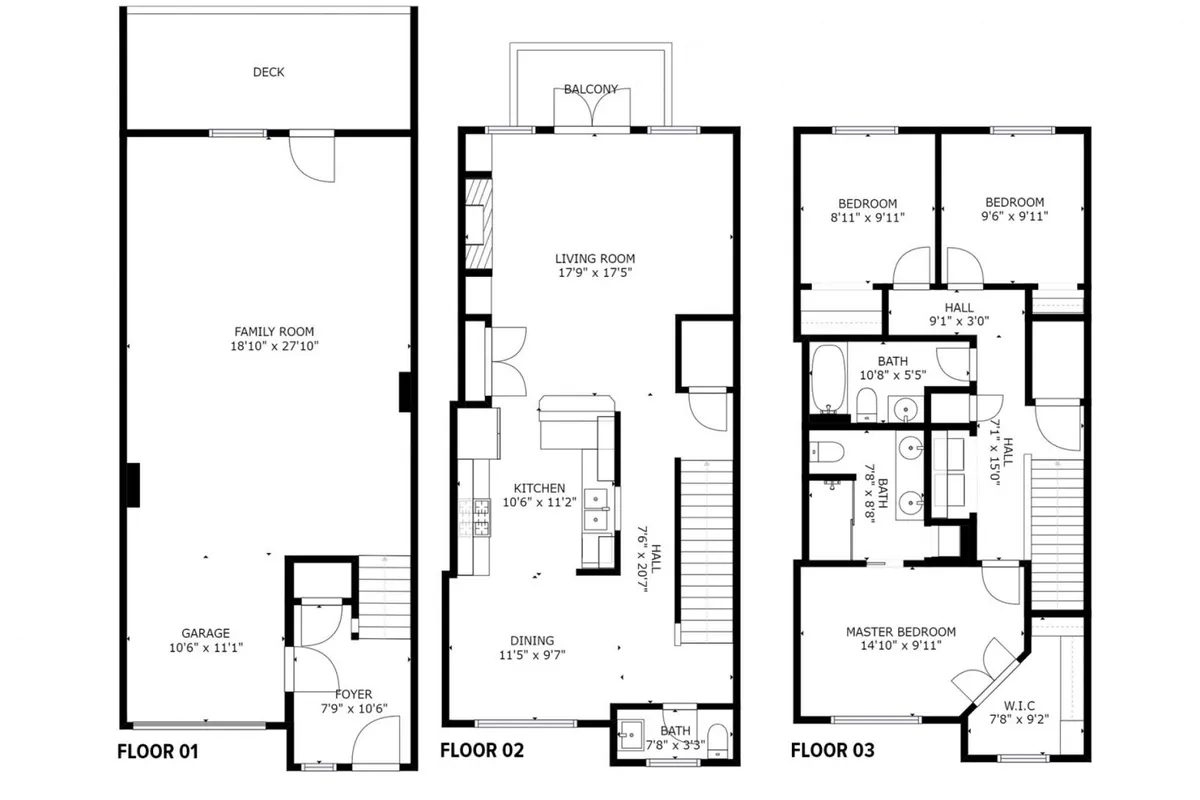 This wide interior shot encompasses several essential living spaces: the family room, kitchen, master bedroom, living room, deck, and balcony. The deck is visible, hinting at an inviting outdoor space where pets could bask in the sun, while the family areas look comfortable and welcoming for both people and pets.